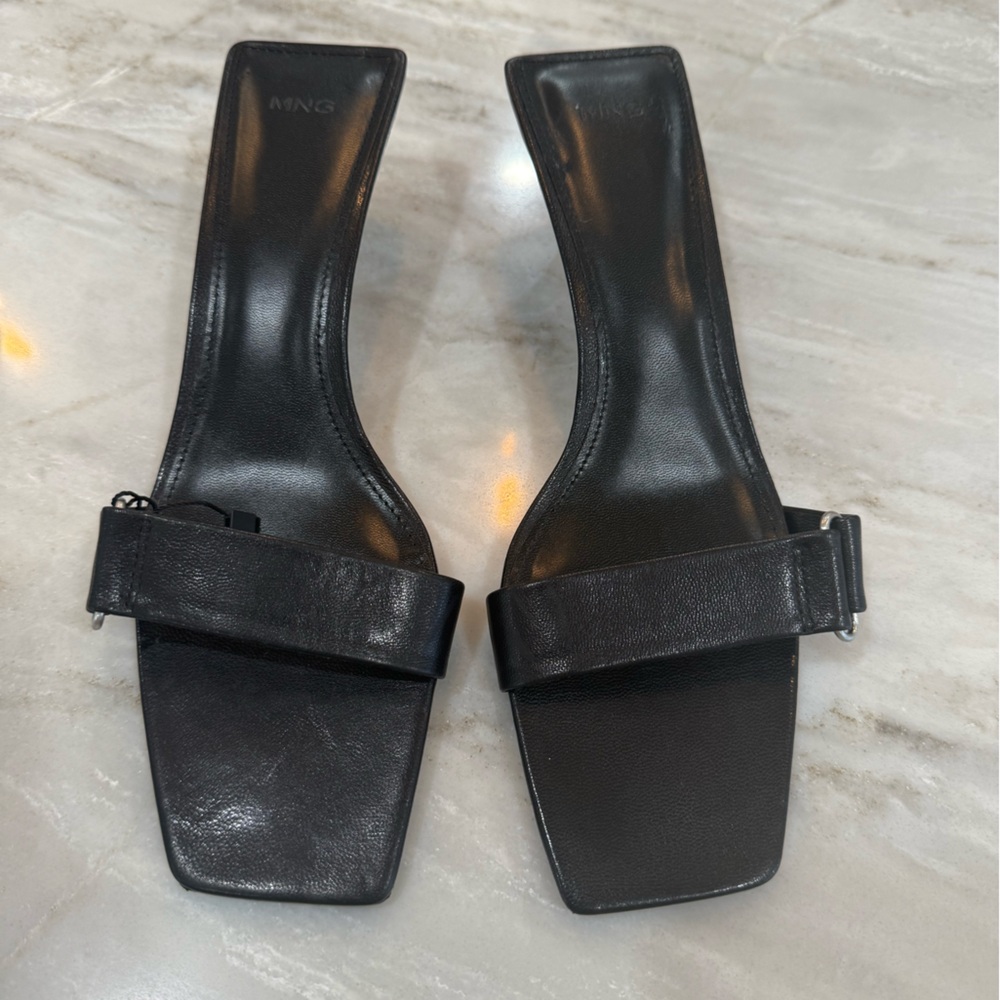 Mango MNG HEEL LEATHER SANDALS Black real leather shoes NWT New - Picture 6 of 9